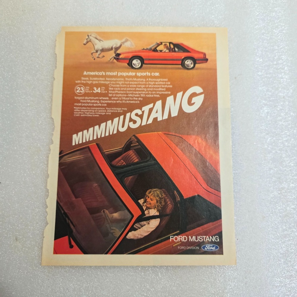 Vintage Print Ad Ford Mustang T-Roof sports car blonde model color 8x10.5 1981